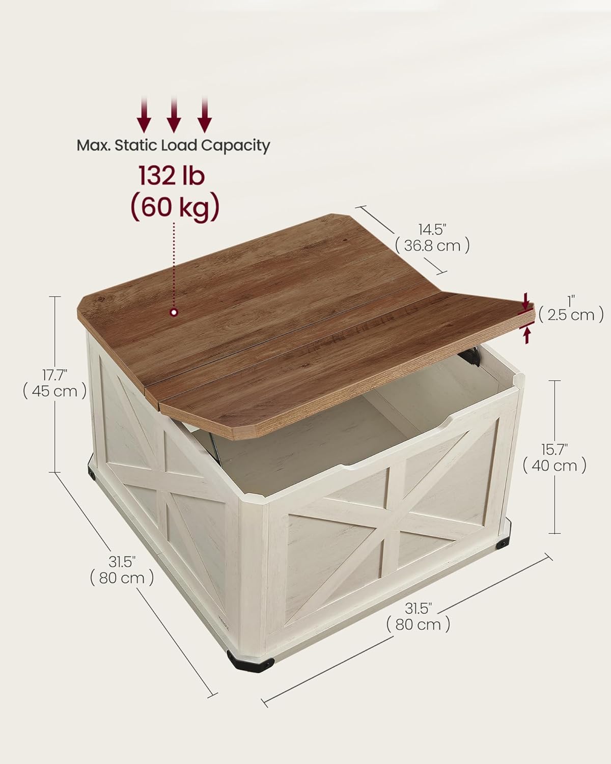VASAGLE LIRY Collection - Farmhouse Coffee Table with Storage, Square Coffee Table for Living Room, Center Table with Flip-Top Lids, Honey Brown and Rustic White ULCT232W73