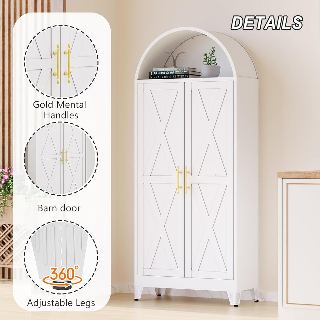 Winiowa Metal Arched Kitchen Pantry Cabinet, 73" Tall Arched Storage Cabinet with 2 Doors & 4 Shelves, Modern Farmhouse Kitchen Storage Cabinets, White