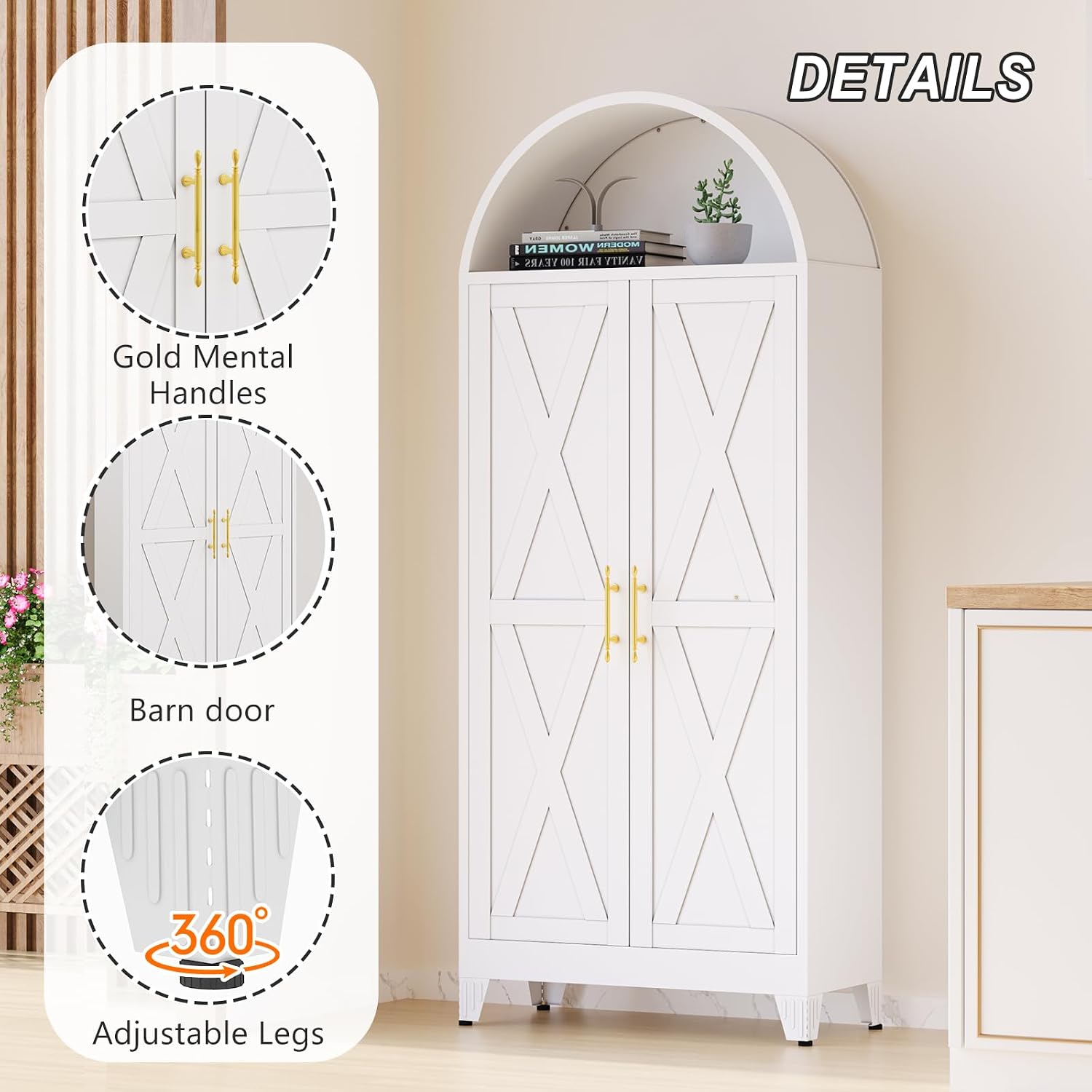 Winiowa Metal Arched Kitchen Pantry Cabinet, 73" Tall Arched Storage Cabinet with 2 Doors & 4 Shelves, Modern Farmhouse Kitchen Storage Cabinets, White