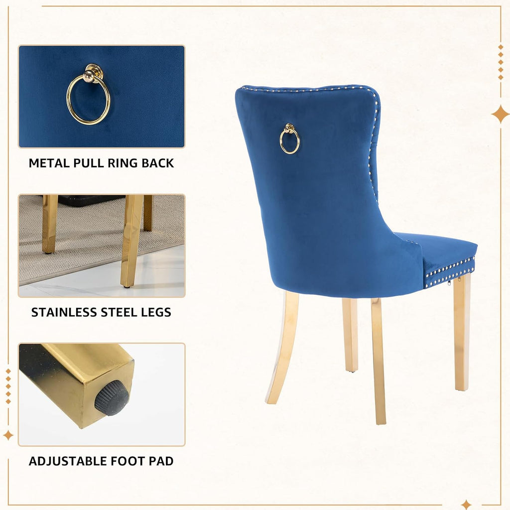 Velvet Dining Chairs Set of 6, Tufted Upholstered High Wingback Chairs with Nailhead Trim & Pull Ring, Golden Stainless Steel Legs for Dining Room, Sillas de Comedor, Blue