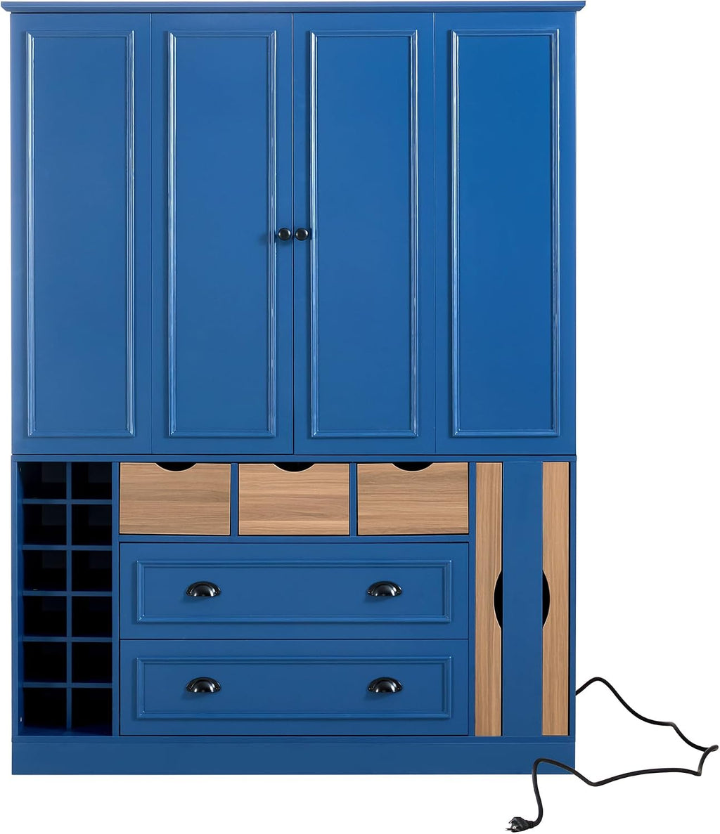 71" Tall Kitchen Pantry Storage Cabinet with 4 Foldable Doors, Freestanding Large Cupboard with Power Outlet, Adjustable Shelves and Wine Racks for Dining Room, Kitchen, Blue