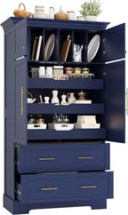 roomfitters 73 Inch Large Kitchen Pantry with 4 Doors, Pull-Out Trays and Cake Pan Organizer, Blue