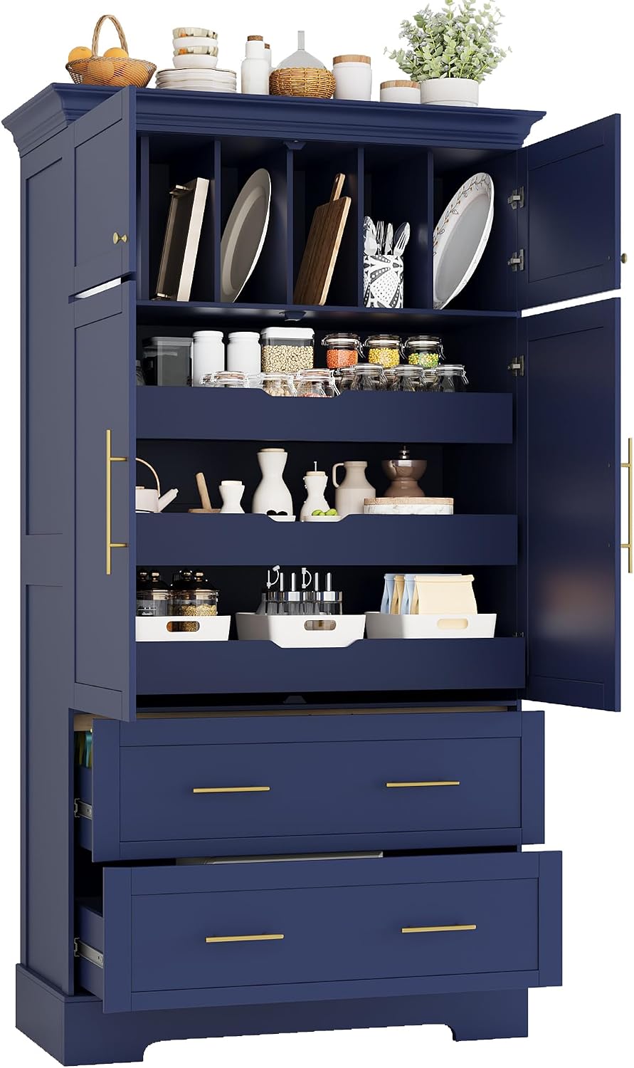 roomfitters 73 Inch Large Kitchen Pantry with 4 Doors, Pull-Out Trays and Cake Pan Organizer, Blue