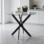 36" Round Glass Dining Table, Modern Kitchen Table with Clear Tempered Glass and Black Cross Metal Legs for Apartment, Small Spaces, Living Room