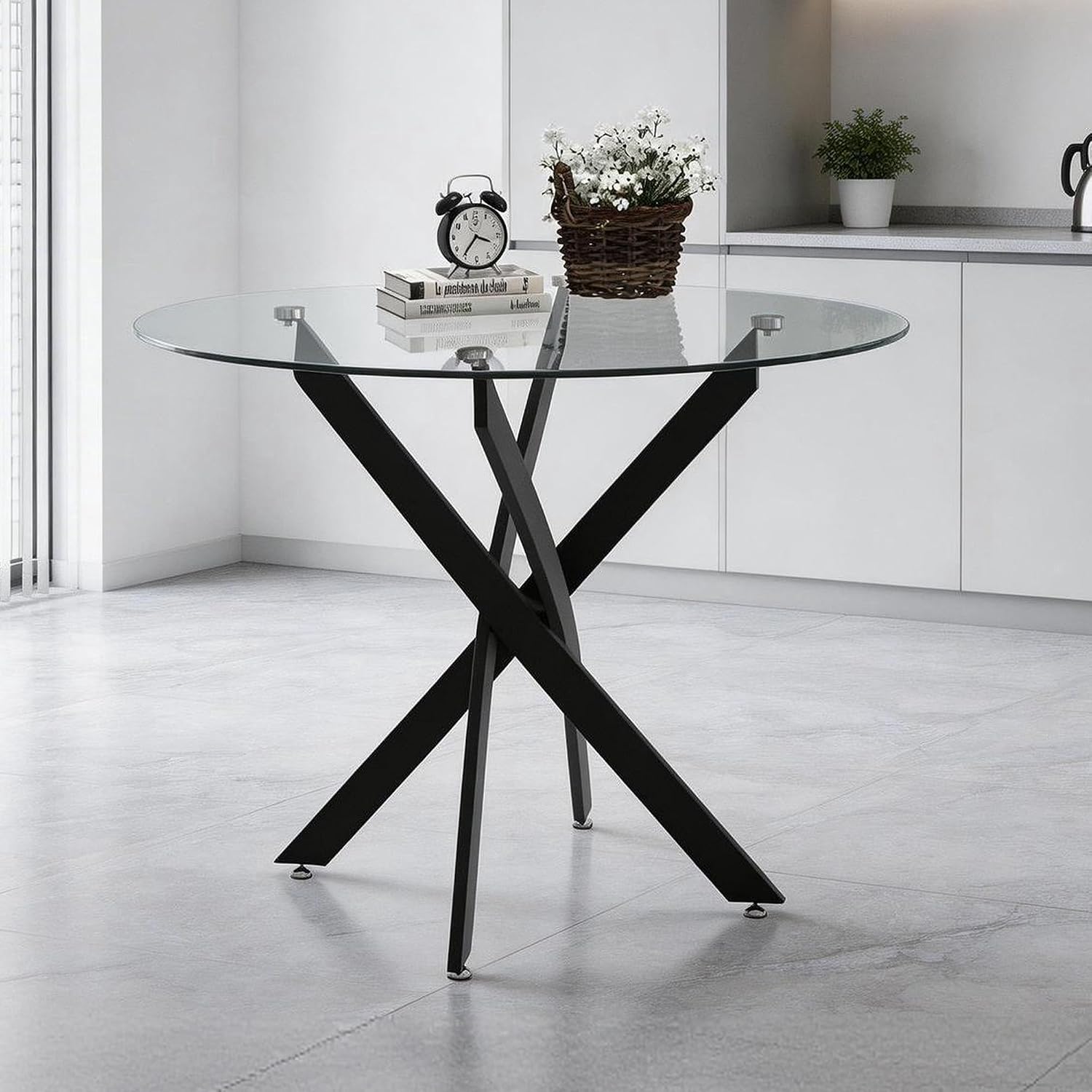 36" Round Glass Dining Table, Modern Kitchen Table with Clear Tempered Glass and Black Cross Metal Legs for Apartment, Small Spaces, Living Room