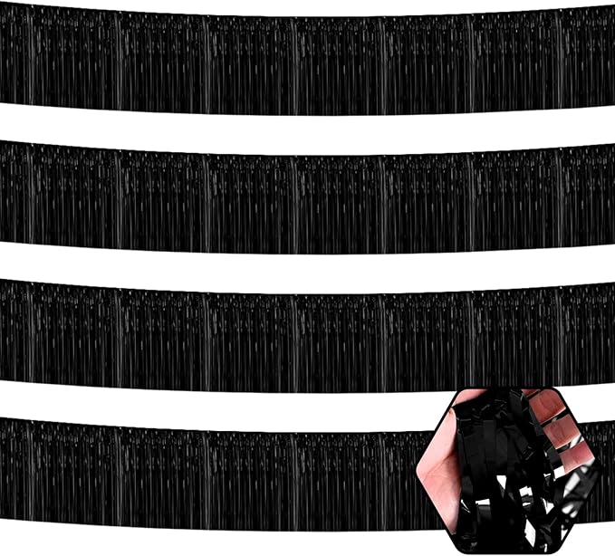 4 Pack 10 Feet Black Foil Fringe Garland Metallic Tinsel Streamers Banner Wall Hanging Curtain Backdrop for Parade Floats, Wedding, Graduate, Mother's Day, Birthday Party Decoration