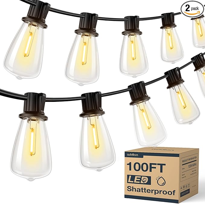 addlon 100FT(50FT*2) LED Outdoor String Lights Waterproof Patio Lights with Shatterproof ST38 Replaceable Bulbs, Dimmable Outside Hanging Light Connectable for Porch, Backyard, 2200K