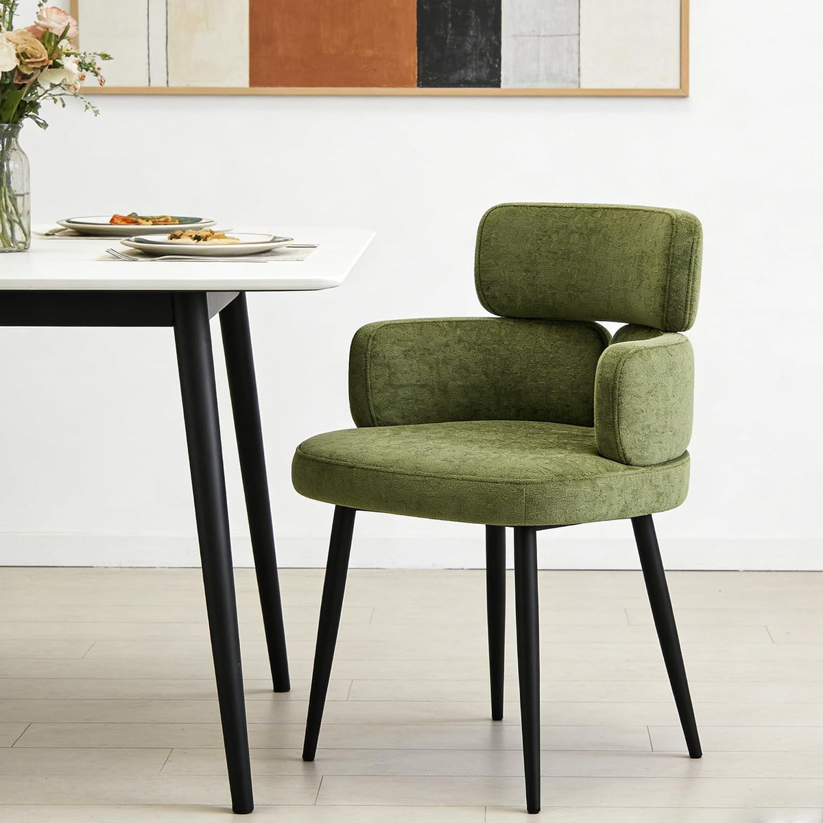 Accent Dining Chair with Arms,Set of 2 Modern Upholstered Desk Chair with Soft Fabric Black Metal Legs, Comfy Spacious Seat & Back for Dining Room/Living Room/Bedroom, Green