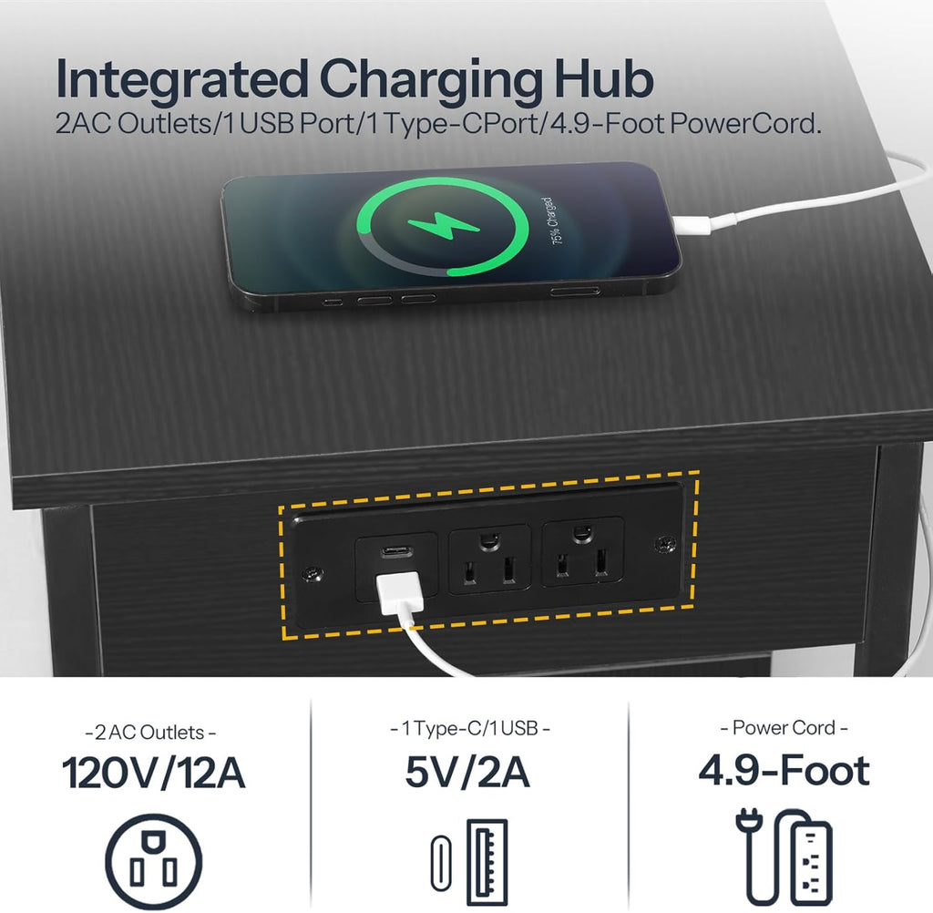 HOOBRO Narrow End Table with Charging Station & LED Lights, Slim Nightstand with 2 Fabric Drawers and Open Shelves, Narrow Side Table for Living Room, Bedroom, Black BB430UDBZ01