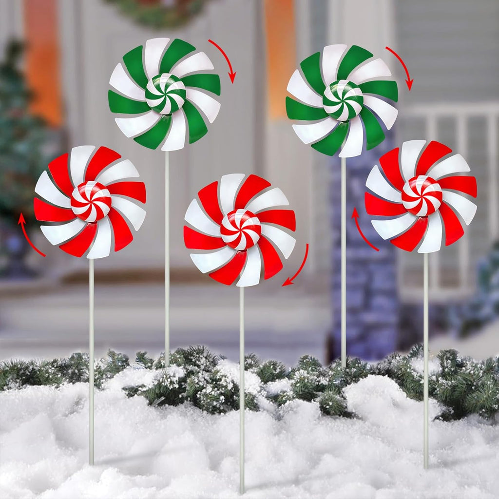 5 Pack Metal Colorful Candy Wind Spinners Outdoor,Lollipop Christmas Decorations Outside,Yard Stake for Garden,Lawn Ornament