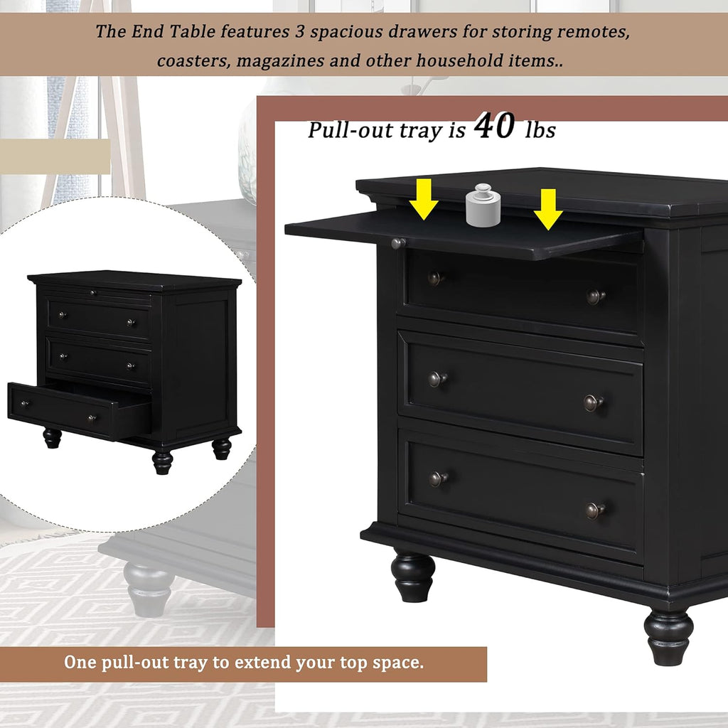 3-Drawer Storage Wood Cabinet, End Table Set of Two with Pull Out Tray As A Bedside Table, A Sofa Side Table, Or As A Decorative Piece for Living Room Or Study Room (Black-09)