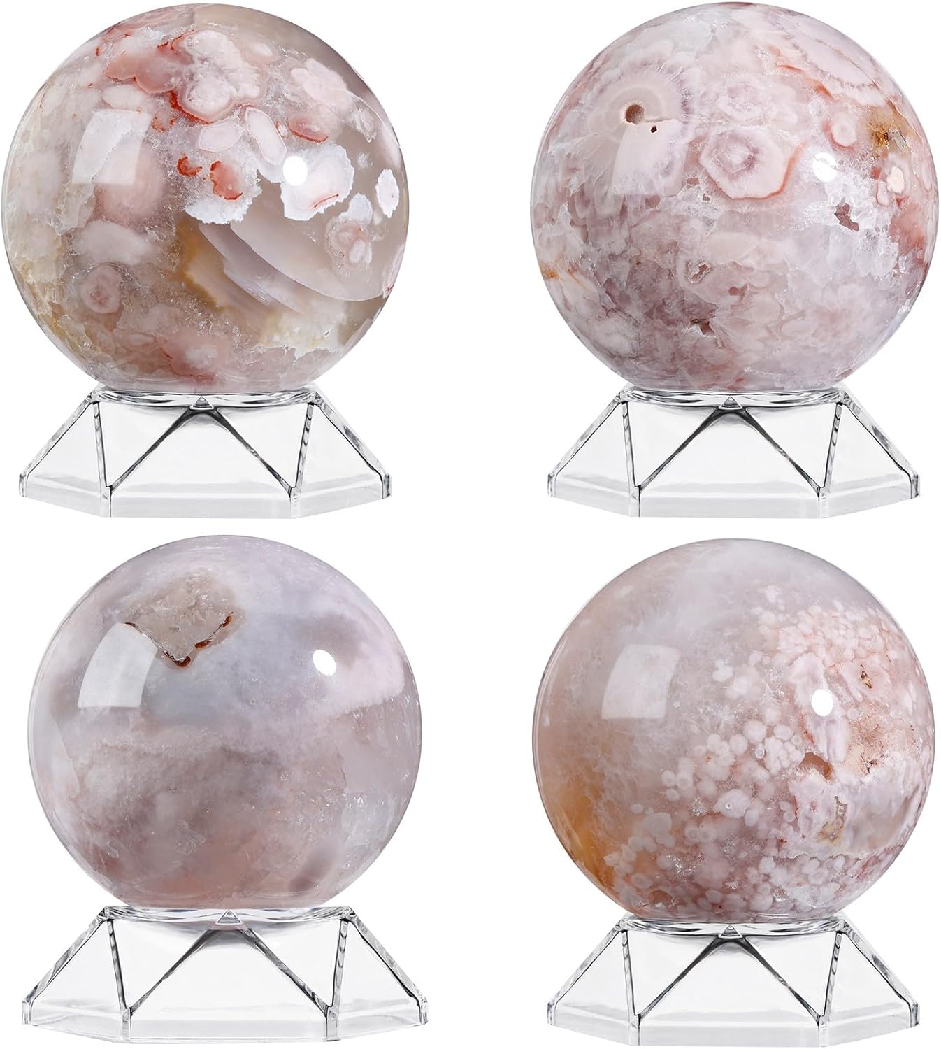 Natural Cherry Blossom Agate Crystal Ball with Acrylic Display Base, 71-80mm Polished Stone Feng Shui Crystal Sphere Meditation Decoration for Home & Office