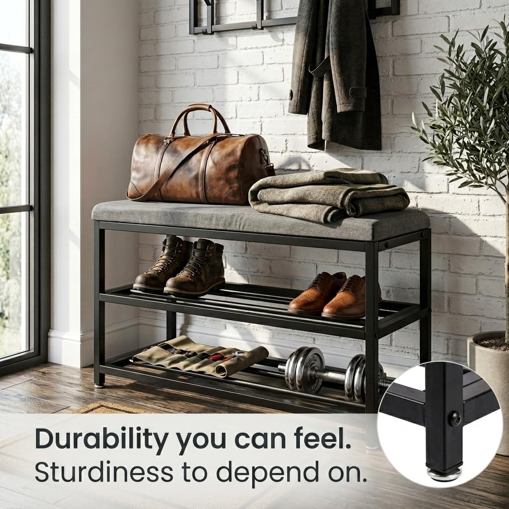 Luxe L 100% Faux Fur Shoe Storage Bench for Entryway, Compact Bench with Multi-Tier Shoe Rack, Space-Saving Small Entryway Bench with Storage Shelf, Ideal for Living Room, Hallway - Charcoal