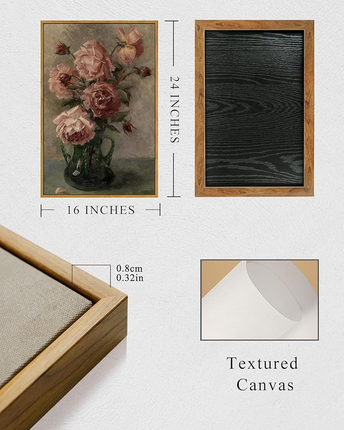 InSimSea Framed Wall Art for Living Room Flower Wall Art Home Decor Roses in Vase Vintage Paintings Large Canvas Prints Botanical Prints Mid Century Modern Decor Farmhouse Bedroom Wall Decor 16x24in