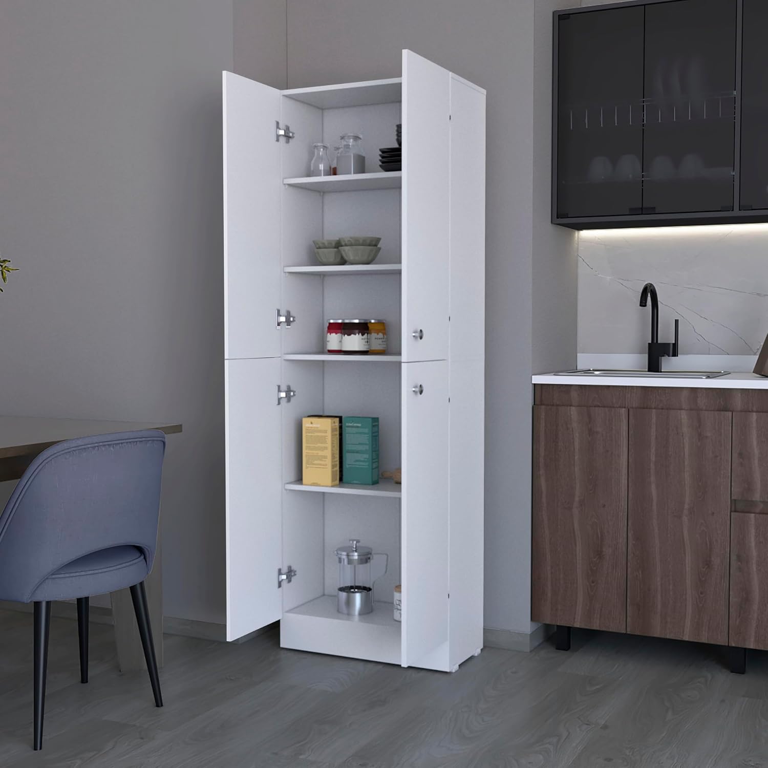 Pantry Cabinet with 4 Doors and 5 Hidden Shelves