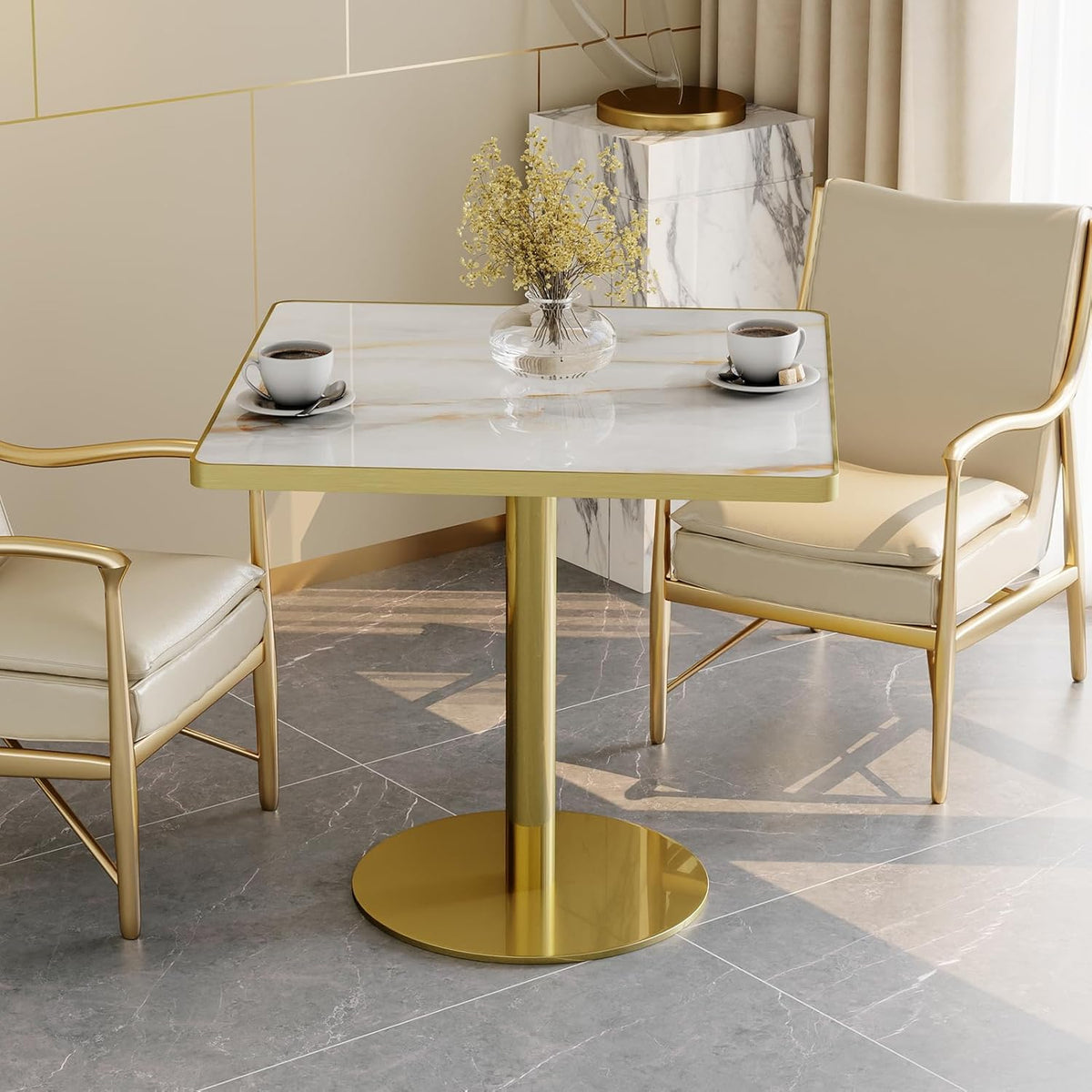 31.5'' Square Modern Dinning Table with Sintered Stone Tabletop, Golden Edge & Pedestal Base, Bistro Tulip Table for 2-4 Person for Dining Room/Cafe/Small Spaces/Restaurant (Crystal Onyx)