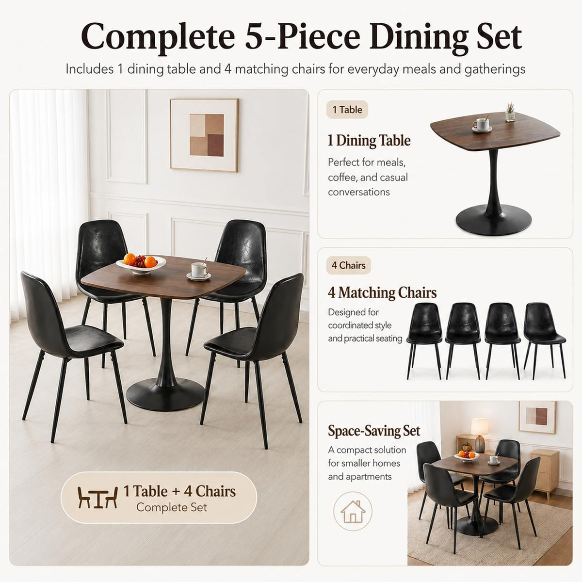 Table with 4 Chairs, Wooden Round Dining Table Set | Space-Saving Set，Wood-Grain Finish，Rounded Edges，ErgonomicComfort