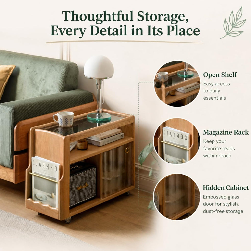 Solid Wood Narrow Side Table with Storage, End Table with Magazine Rack & Glass Door Cabinet, Small Couch Side Table for Living Room, Slim Nightstand for Bedroom, No Assembly