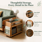 Solid Wood Narrow Side Table with Storage, End Table with Magazine Rack & Glass Door Cabinet, Small Couch Side Table for Living Room, Slim Nightstand for Bedroom, No Assembly