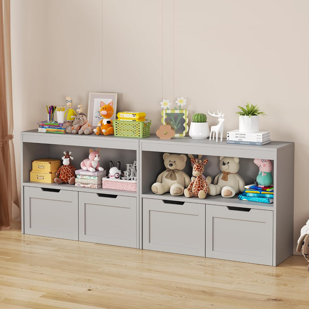 Kids Furniture Set for Bedroom Toddler Table and Chair Desk Toy Box | Durable MDF storage with 2 drawers and open shelves. Safe rounded edges, anti-tip device, and hidden wheels. Perfect for