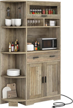 YITAHOME Kitchen Pantry Storage Cabinet, 67" Tall Kitchen Hutch with Outlet & Door & Shelves & Drawer, Farmhouse Wooden Microwave Stand Buffet Coffee Bar for Home Living Dining Room, Antique Gray