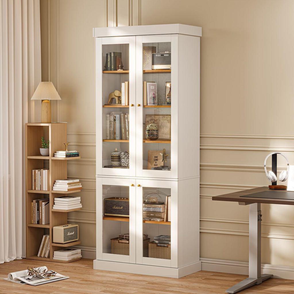 70.8" Tall Farmhouse Kitchen Pantry Cabinet with Glass Doors, Modular Wooden Storage Cabinet with 6-Tier Adjustable Shelves, Hutch for Kitchen or Living Room, Set of 3, White