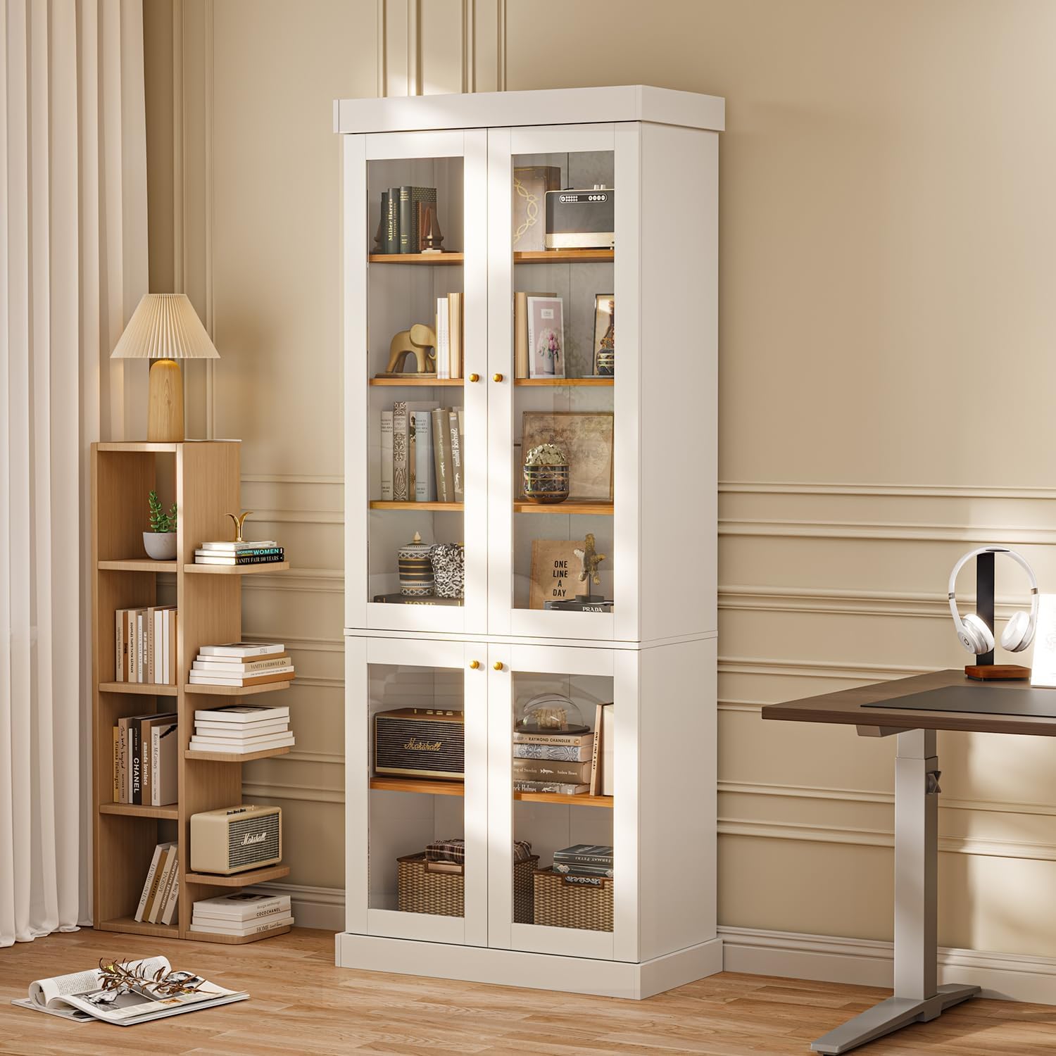 70.8" Tall Farmhouse Kitchen Pantry Cabinet with Glass Doors, Modular Wooden Storage Cabinet with 6-Tier Adjustable Shelves, Hutch for Kitchen or Living Room, Set of 3, White