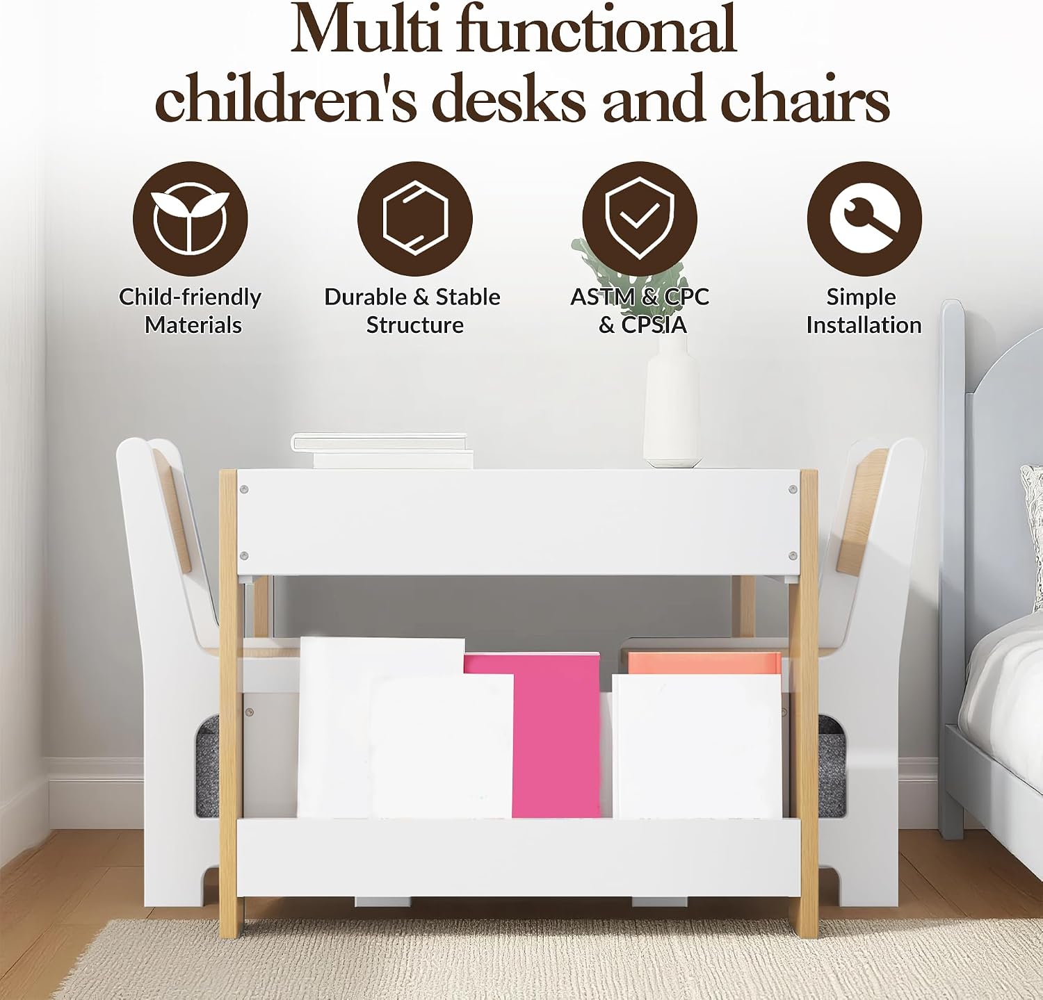 Kids 4‑in‑1 Wooden Table & 2 Chairs Set Brown | 4‑in‑1 double‑sided tabletop, multi‑storage, burr‑free wood, waterproof finish, for kids drawing reading craft activities