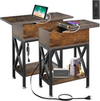 TooCust End Tables Living Room Set of 2, Side Table with Charging Station Flip Top, 11"D x 24"W x 23"H, Narrow Side Table with 5.3" Deep Drawer, Couch End Tables Set of 2, Steel X-Frame, Rustic Brown