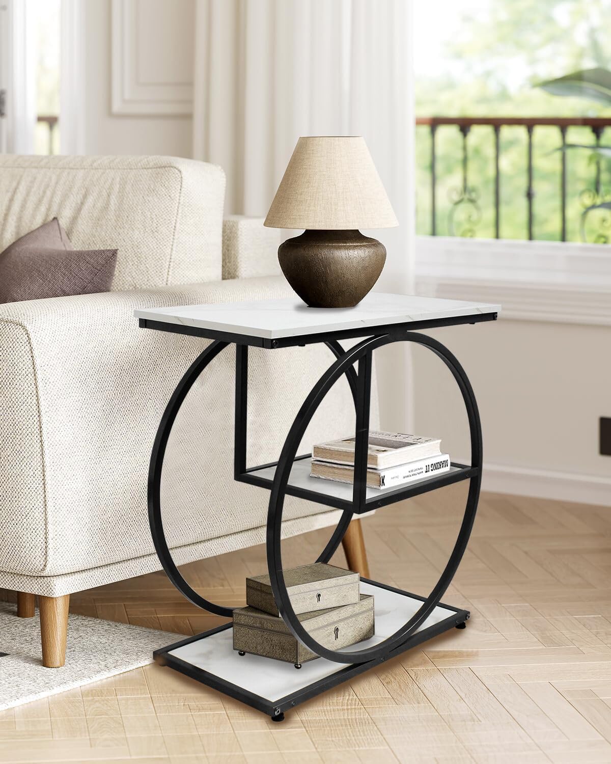 AT-VALY Pair of 2 Side Table with Storage Shelves,3-Tier End Table, Small Sofa Side Table for Living Room, Bedroom (Black)
