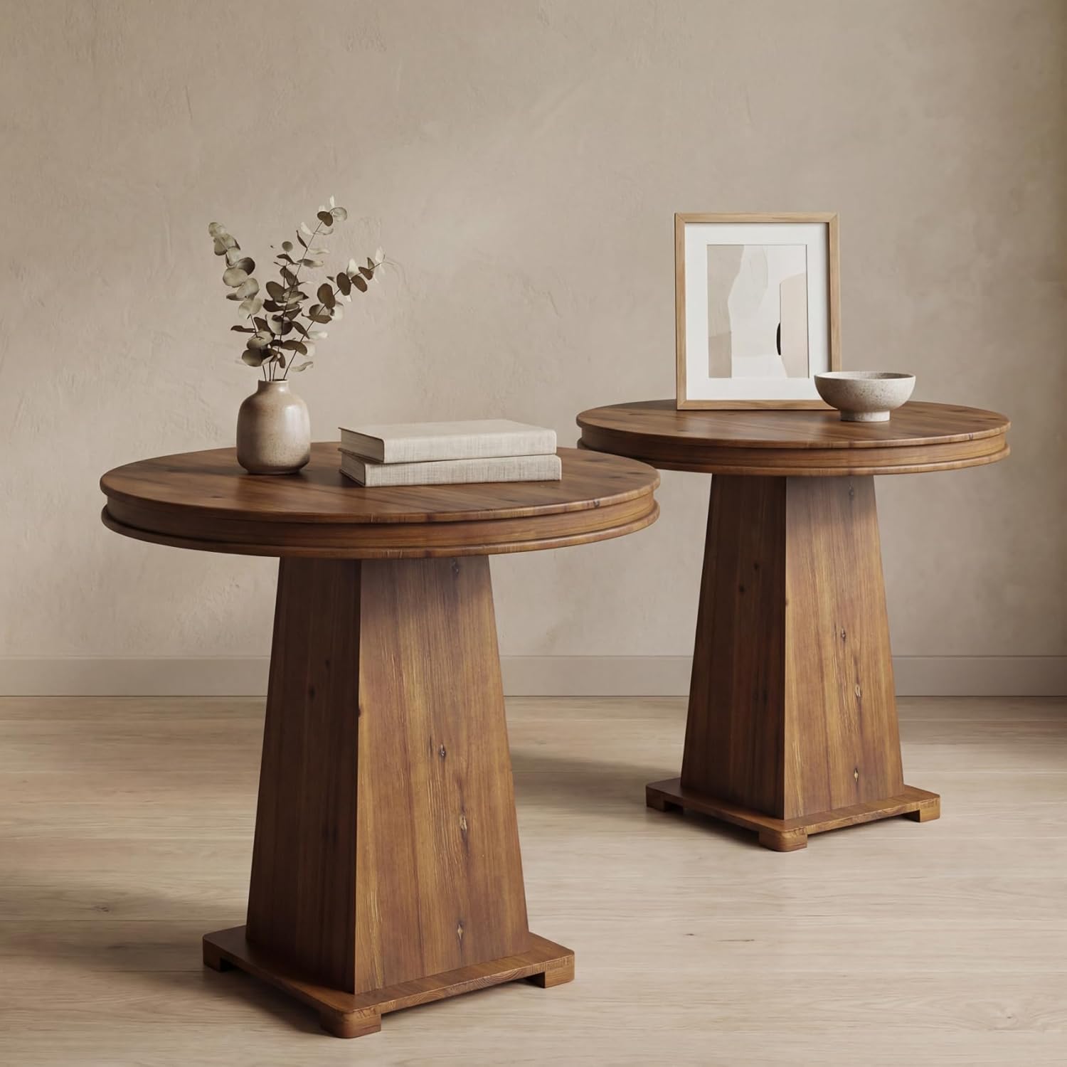 LITTLE TREE Solid Wood Round Dining Table, 31.5" Small Kitchen Table for 2, Modern Farmhouse Dinner Table for Dining Room, Kitchen, Living Room, Artistic Geometric Base, Table Only (Rustic Brown) 2PCS