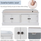 GDFStudio Jasd Storage Bench with 4 Doors and Adjustable Shelves, Removable Cushion Bench Ottoman, Solid Wood Frame Storage Ottoman, Rectangular Cabinet with Seating for Living Room Entryway, White