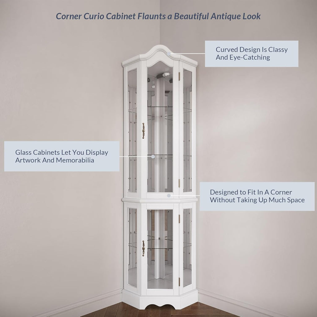 BELLEZE Lighted 3-Side Glass Display Curio Cabinet w/ Tempered Glass Doors and Shelves, Curved Wood Corner Cabinet with Bulb, Corner Storage Rack (White)