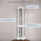 BELLEZE Lighted 3-Side Glass Display Curio Cabinet w/ Tempered Glass Doors and Shelves, Curved Wood Corner Cabinet with Bulb, Corner Storage Rack (White)