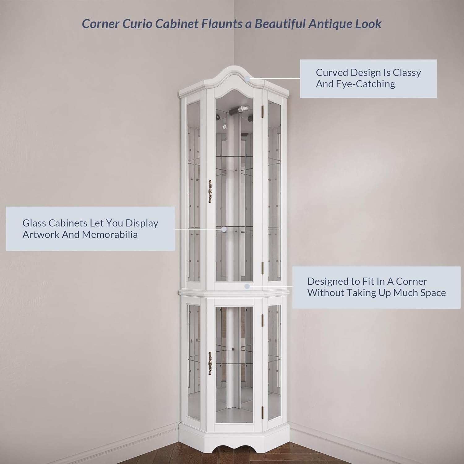 BELLEZE Lighted 3-Side Glass Display Curio Cabinet w/ Tempered Glass Doors and Shelves, Curved Wood Corner Cabinet with Bulb, Corner Storage Rack (White)