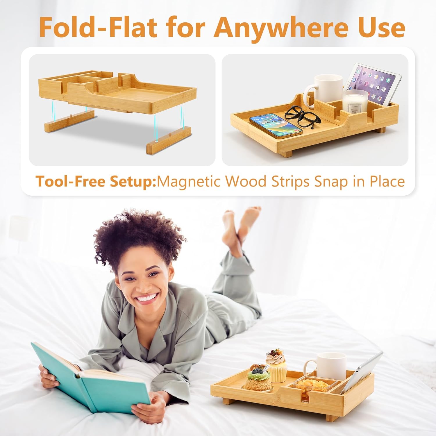 Couch Tray Insert for Middle Seat, Bamboo Couch Table with 2 Cup Holders, Fits Armless Sofa & Sectionals, Fold-Flat Tray for Drinks, Snacks & Remotes, Natural Bamboo