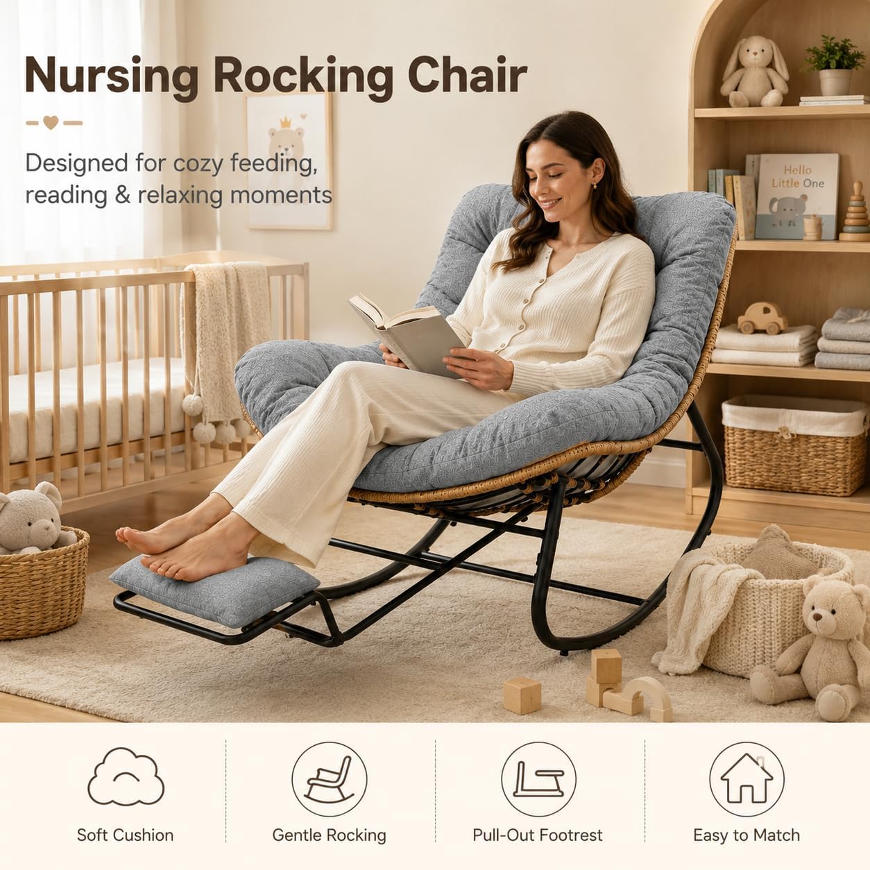 Oversized Rocking Chair with Zero-Gravity Foot Rest & Ottoman, Comfy Lounge Chair for Patio, Porch, Balcony, Indoor Reading Nook, Big Cozy Chaise Chair for Outdoor & Home Use, Grey