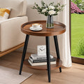 Small Round Side Table, 2-Tier Mid Century Modern Side Table, Round End Table Small End Table for Living Room, Metal Frames, Brown
