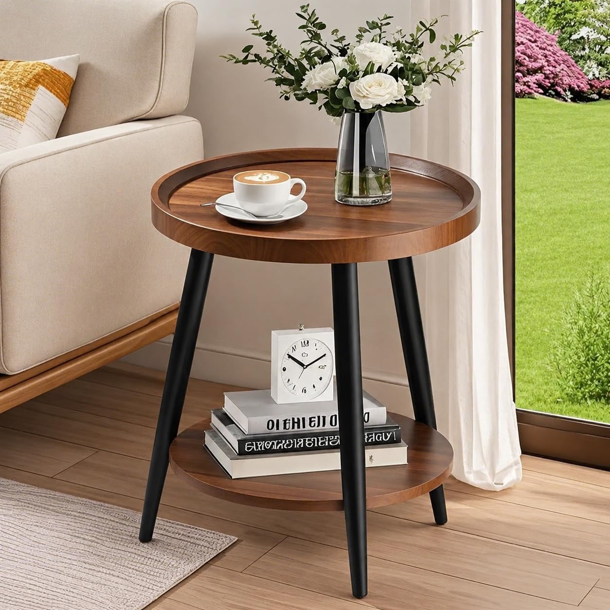 Small Round Side Table, 2-Tier Mid Century Modern Side Table, Round End Table Small End Table for Living Room, Metal Frames, Brown