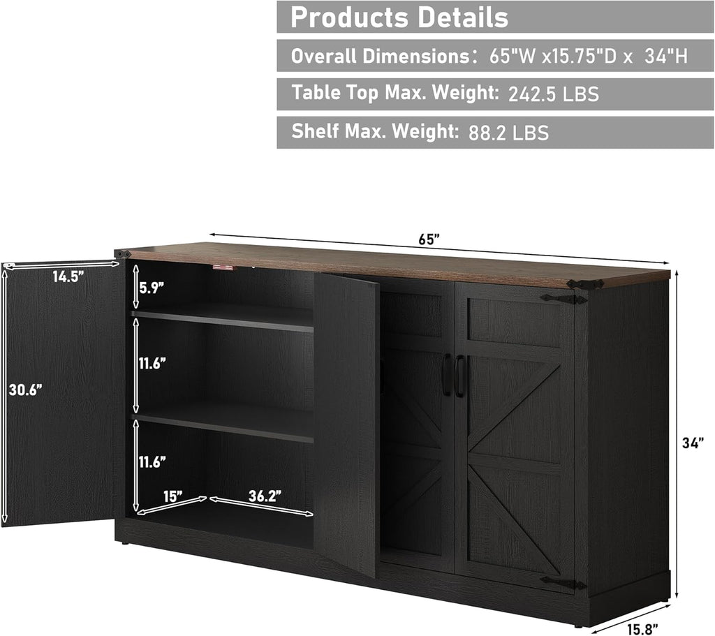 Sideboard Buffet Cabinet with Storage - 65 Inch Farmhouse Kitchen Pantries Sideboard Cabinets with Adjustable Shelves, Wooden Coffee Bar Cabinet Buffet Table for Kitchen, Dining Room, Black