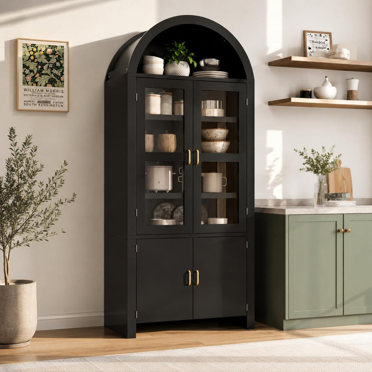 71" Tall Arched Kitchen Pantry Cabinet, Modern Farmhouse Wood Kitchens Storage Cabinets, Cupboard for Dining Room, Kitchen, Bathroom, Black
