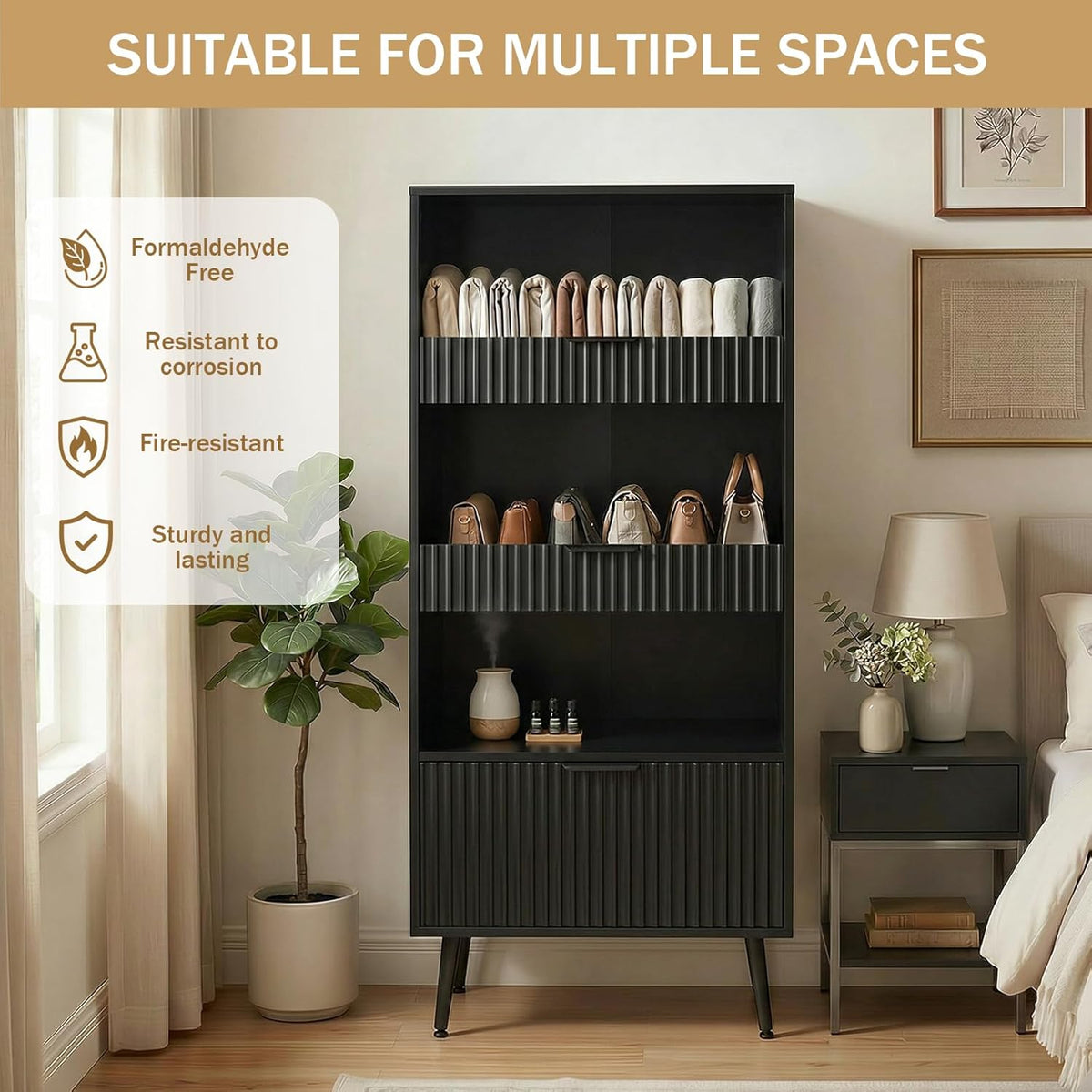 51" Tall Modern Black Storage Cabinet, Freestanding Kitchen Pantry Cabinet with 3 Drawers & Open Shelf, Buffet Sideboard Hutch, Snack Linen Cabinet for Dining Room,Bathroom, Bedroom, Office