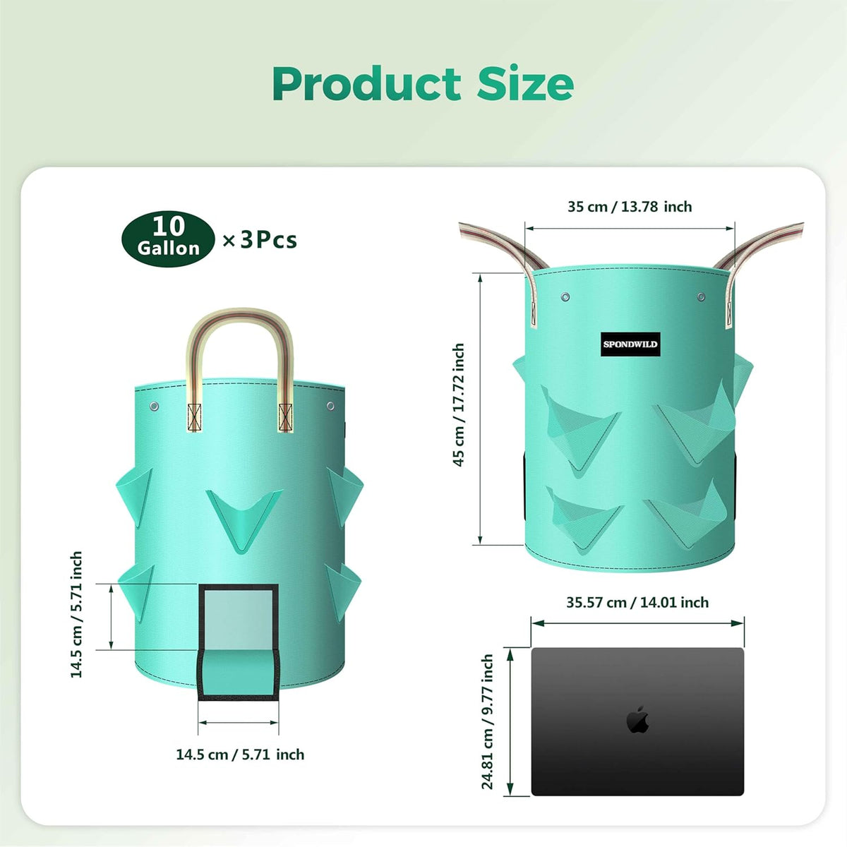 3 Pack 10 Gallon Strawberry Grow Bags, Heavy Duty Reusable PE Pots with Breathable Window, Branch & Drainage Holes, Reinforced Handles for Strawberries, Veggies, Flowers, Balcony/Patio Use
