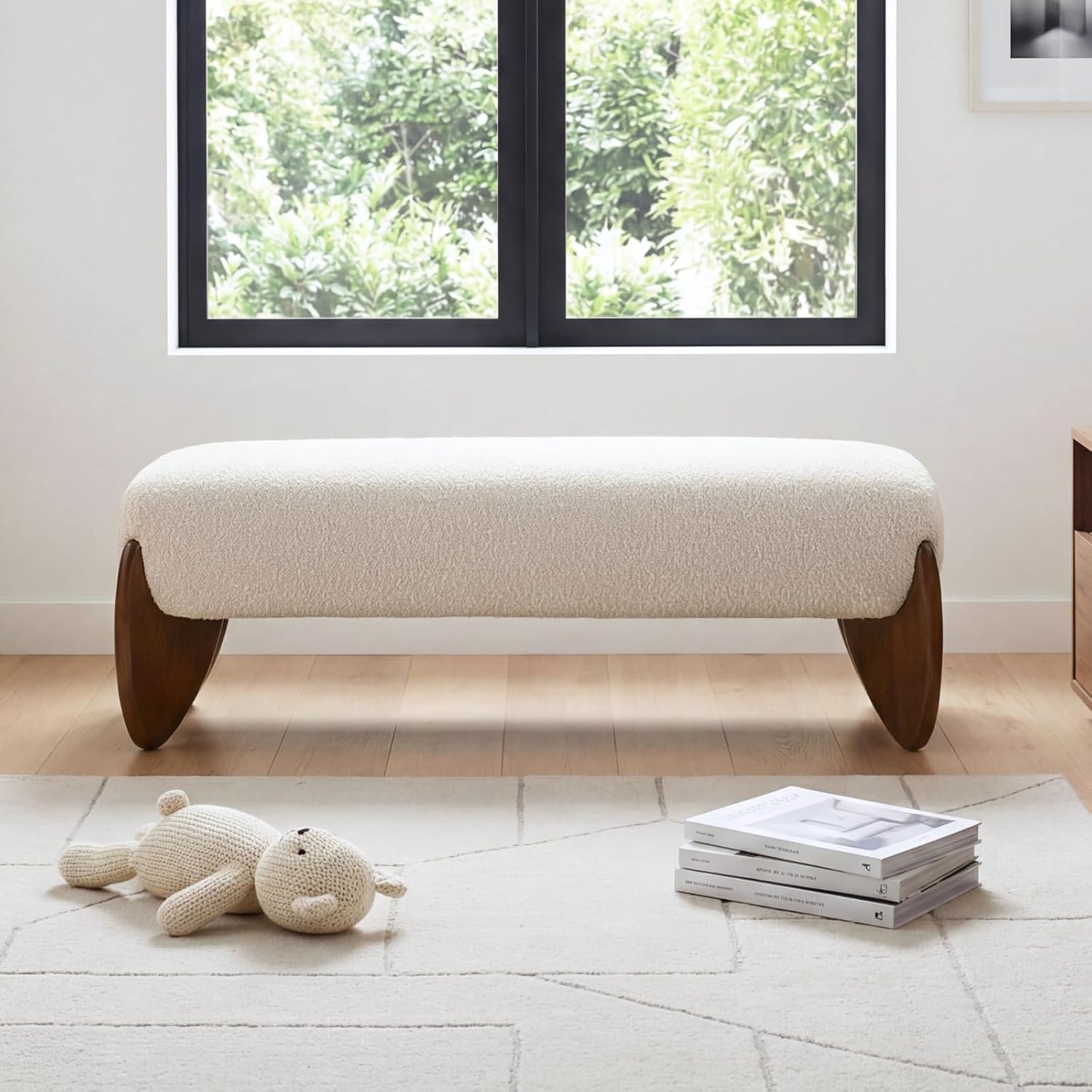 Ya-Home Modern Boucle Bedroom Bench, 50” Upholstered End of Bed Bench with Comfy Seat/Solid Wood Legs, Wooden Entryway Window Ottoman Bench for Living Room/Hallway, Beige