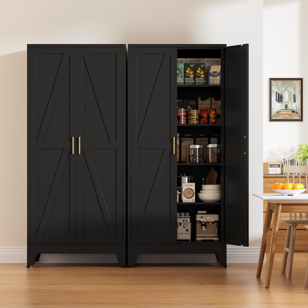 71" Tall Metal Pantry Cabinet, Kitchen Storage Cabinet with 2 Doors and 4 Adjustable Shelves for Kitchen, Living Room, Dining Room, Bathroom and Home, Office (Black, 1PC)