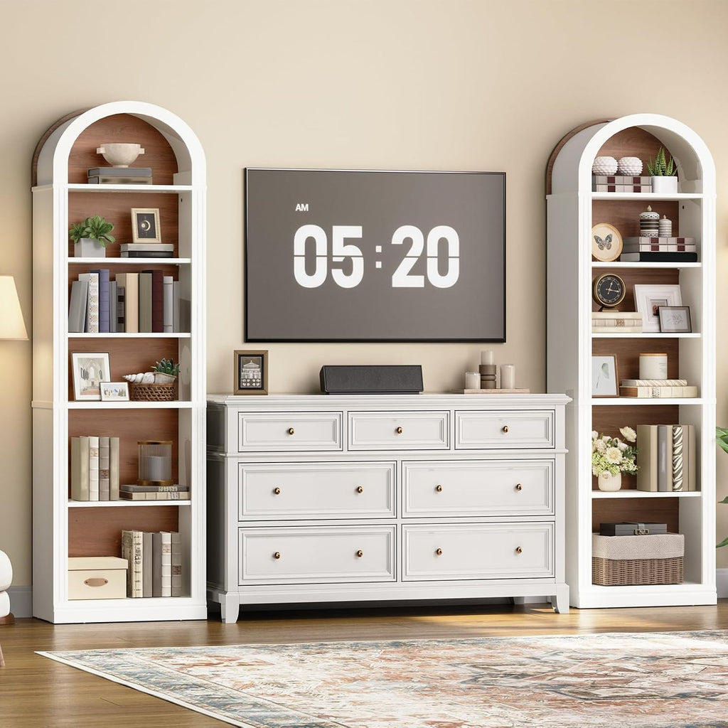 RALGEND Arched Bookshelf, 75.8" Tall Narrow Bookshelf, Arch Bookcase with Storage, 6-Tier Farmhouse Book Shelf, Wooden Arched Cabinet with Open Display Shelves, Adjustable Shelf, Walnut and White