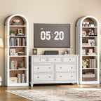 RALGEND Arched Bookshelf, 75.8" Tall Narrow Bookshelf, Arch Bookcase with Storage, 6-Tier Farmhouse Book Shelf, Wooden Arched Cabinet with Open Display Shelves, Adjustable Shelf, Walnut and White