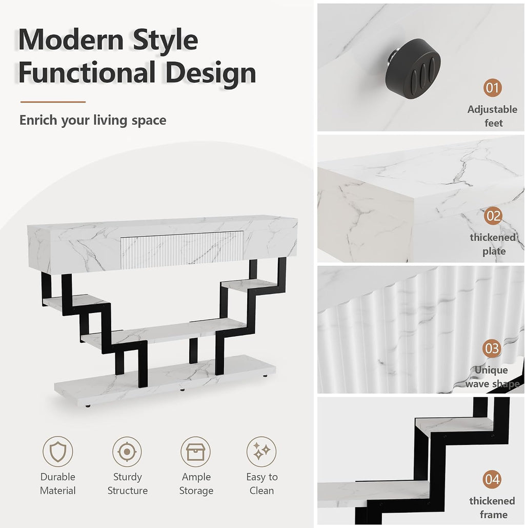 47.3" Console Table with Fluted Drawers, 3-Tier Modern Entryway Table with Geometric Black Metal Frame, Luxury Sofa Table for Living Room, Hallway, Foyer（White Marble Texture