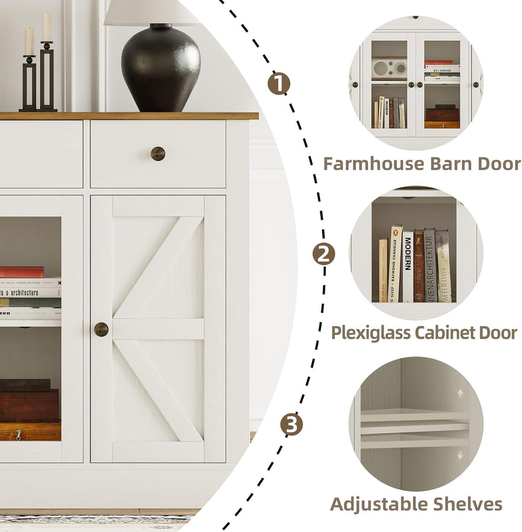 4 EVER WINNER 55" Large Buffet Cabinet with Storage, Coffee Bar Cabinet with 4 Doors and 3 Drawers, Kitchen Cabinet with Plexiglass Doors for Living Room, White