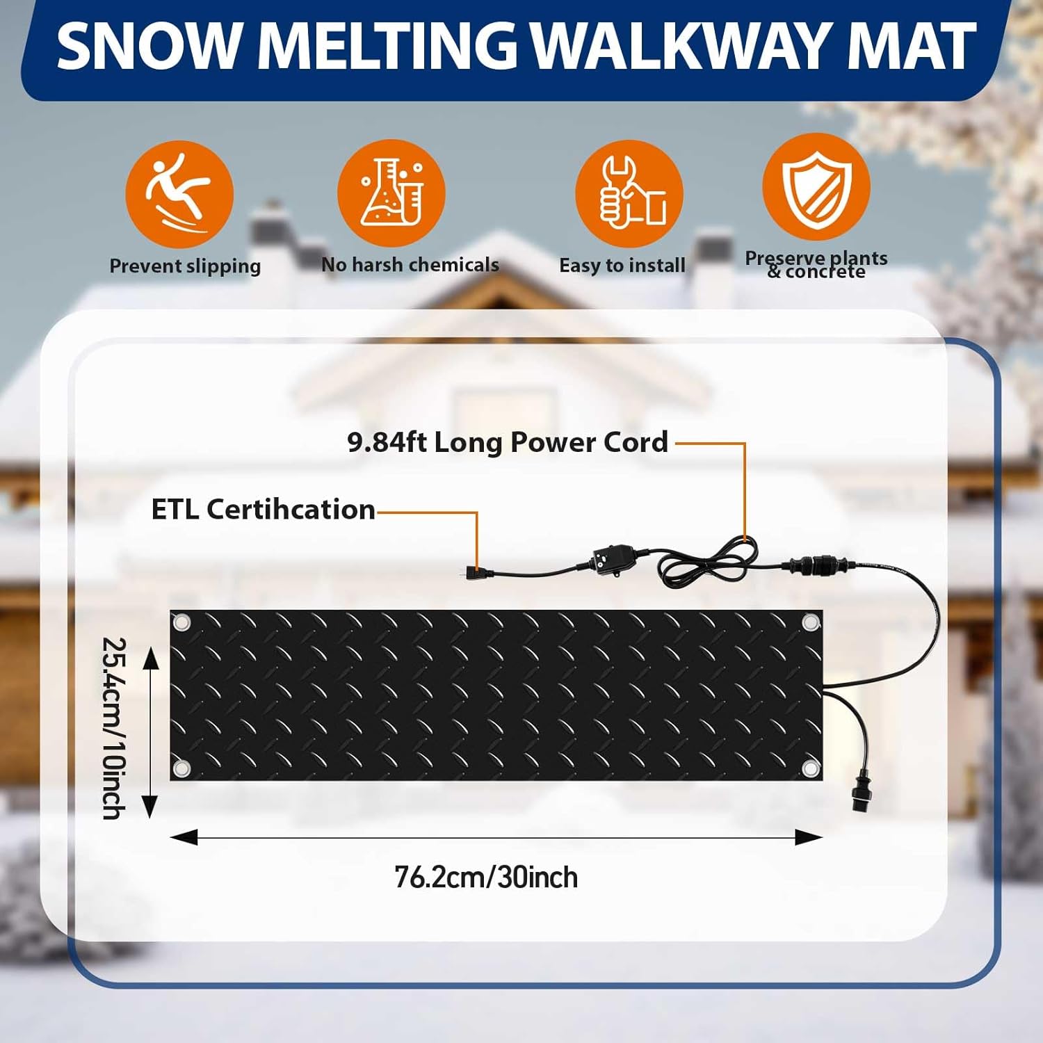Riakrum 10 Pcs Heated Snow Melting Mats Outdoor, 10 x 30 in Winter Anti-Slip Heated Rubber Mat for Walkways Decks and Sidewalks, Snow and Ice Melting Pads Connection with 9.84 ft Power Cord